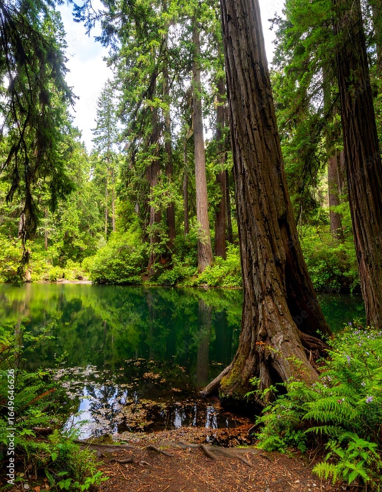 Obraz premium Lush forest reflecting in calm water