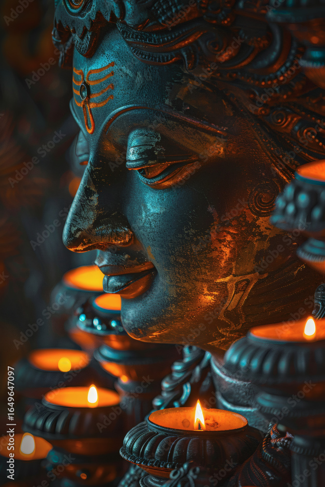 Obraz premium Bronze Lord Shiva Statue Lit by Traditional Oil Lamps at Night