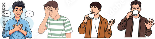 Set of a young man's expressions and gestures including sincerity, frustration, and relaxation.