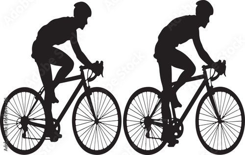 Two cyclists in silhouette riding road bikes on white background Keywords: cyclist, silhouette, cycling