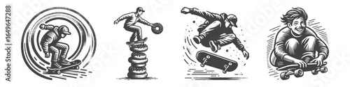 Vintage Hand-Drawn Skateboarder Jumping Over Donuts Illustration, Urban Sports Engraved Vector for Skateboarding and T-Shirt Design