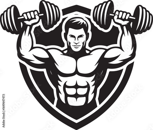 Muscular man lifting dumbbells inside a shield emblem black and white bodybuilding fitness