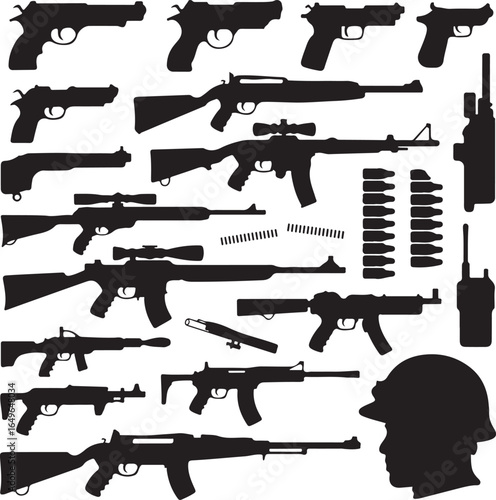 Assortment of Black Silhouettes of Firearms Ammunition and Soldier Head handgun pistol