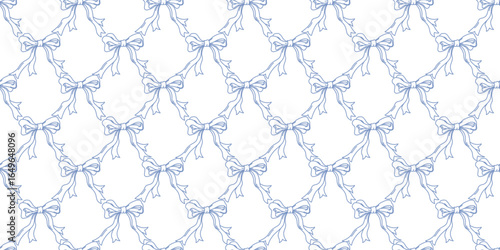 Seamless Pattern of Hand drawn Coquette Bows. Blue Ribbons repeating wallpaper. Vintage, Charming, Y2K, romantic, Whimsical Bows. Vector illustration for textile, wrapping, greeting cards, gifts