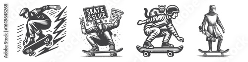 Vintage Hand-Drawn Skateboarder With Pizza Slice Illustration, Urban Lifestyle Engraved Vector for Skateboarding and T-Shirt Design