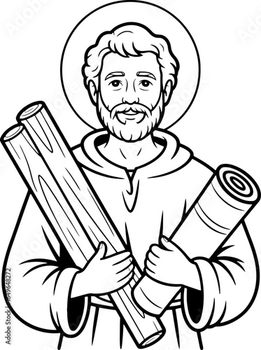 Saint Joseph the Carpenter holding wooden beams and a scroll, with a halo