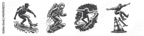Vintage Hand-Drawn Skateboarder as Astronaut Illustration, Space Sports Engraved Vector for Skateboarding and T-Shirt Design