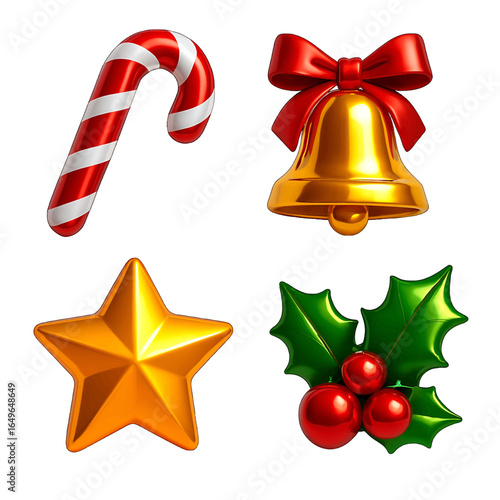 High-impact 3D holiday icons featuring candy-apple cane molten bell sunburst star and emerald holly