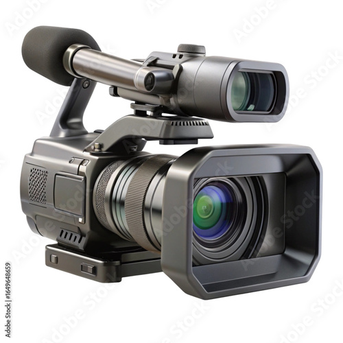 Professional digital video camera with microphone isolated on black background studio shot
