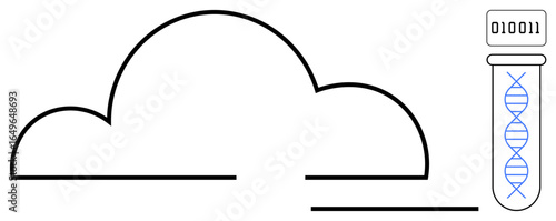Cloud shape connects to a test tube with DNA helix and binary code, conveying biotech, digital data synergy, and technology innovation. Ideal for science, innovation, cloud technology, biotech