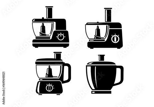 Four food processor illustrations arranged in a square formation, kitchen appliance vector graphics set