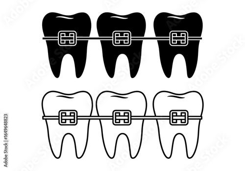 Illustration showcasing teeth with braces, presented in both solid and outline styles for comparison
