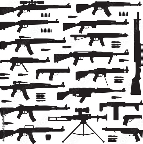 Comprehensive display of firearm silhouettes and ammunition on white background rifle shotgun