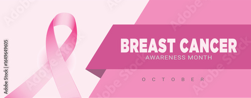 Breast cancer awareness horizontal banner design. Line art style feminine pink ribbon design vector graphic illustration