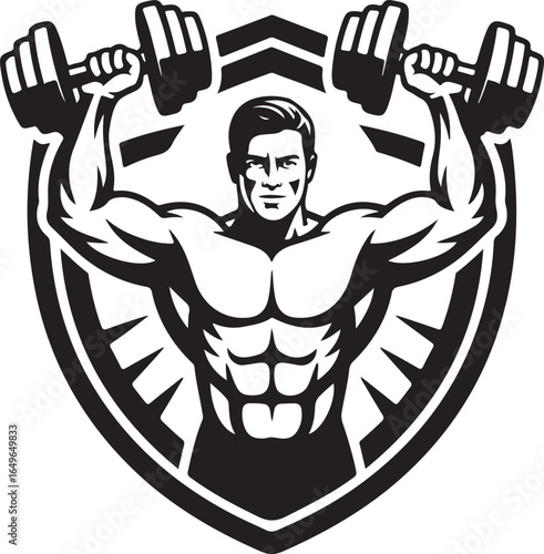 Muscular man with dumbbells inside a shield emblem in black and white vector art Keywords