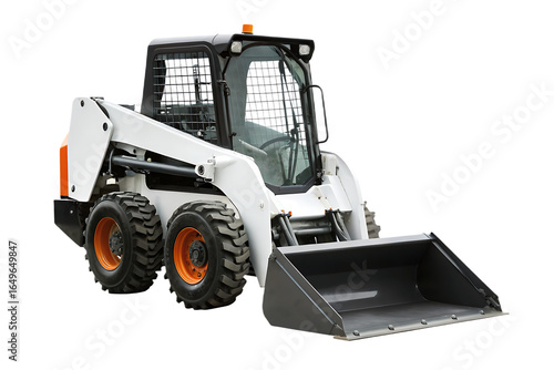 White skid steer loader with orange accents isolated on a transparent background
