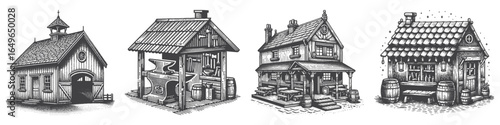 Vintage Hand-Drawn Blacksmith Shop Illustration, Workshop Engraved Vector for Craft and T-Shirt Design