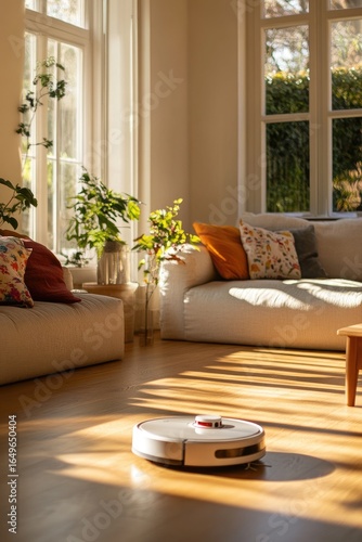 Sunny living room with robot vacuum