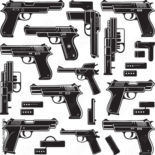 Detailed black and white silhouettes of various handguns and pistol magazines firearm weapon