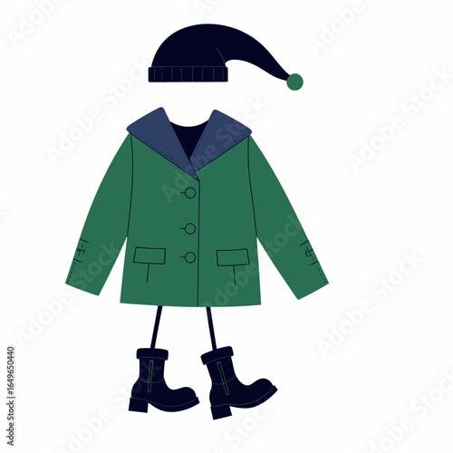 Stylish Minimalist Illustration of a Winter Outfit Featuring Green Overcoat with Navy Collar, Matching Beanie, and Trendy Dark Boots on Invisible Figure