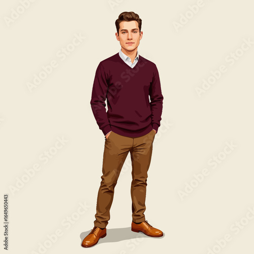 Illustration of a Confident Young Man Posing in a Burgundy Sweater and Khaki Pants Against a Neutral Background