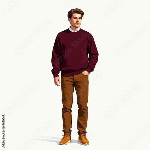 Stylish Male Model Posing in Casual Autumn Outfit Featuring Maroon Sweater, Brown Pants, Shirt, and Boots Against a Simple White Background