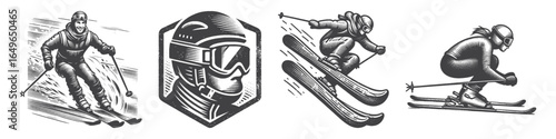Vintage Hand-Drawn Downhill Skier with Helmet Illustration, Winter Sport Engraved Vector for Skiing and T-Shirt Design