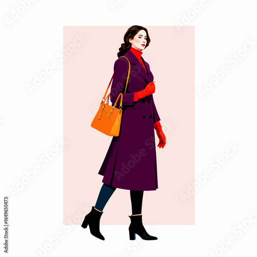 Elegant Woman in Purple Coat with Orange Handbag and Red Accents Strides Confidently in Stylish Urban Fashion on Pale Pink Background