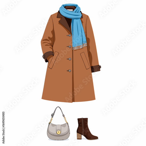 Elegant brown trench coat with blue scarf and accessories, featuring complementary handbag and stylish ankle boots for a complete fashionable look