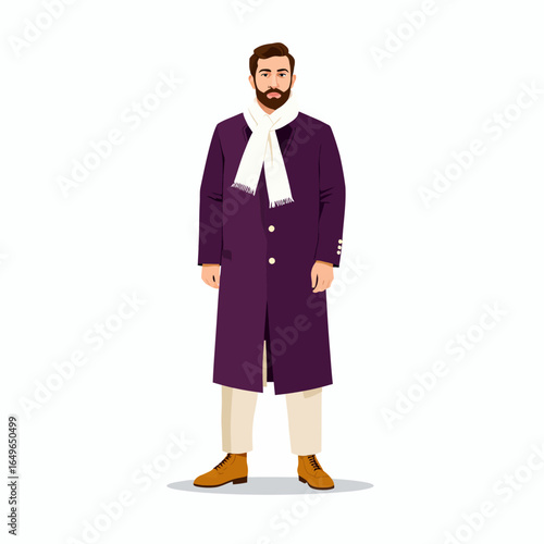 Stylish Man with Beard in Elegant Purple Coat and Scarf Standing Confidently on White Background Showcasing Winter Fashion