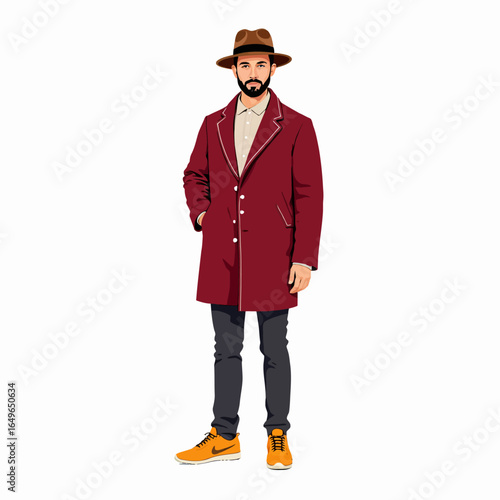 Fashion Illustration of a Stylish Man in a Maroon Coat, Brown Hat, Beige Shirt, Dark Trousers, and Orange Sneakers Against a Clean White Background