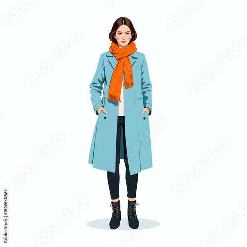 Illustration of a woman in a stylish blue overcoat and vibrant orange scarf standing confidently against a white background
