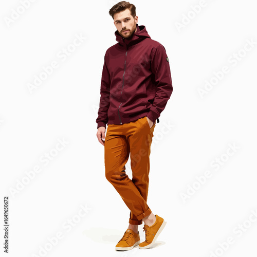 Stylish Young Man in Casual Outfit with Maroon Hoodie and Mustard Trousers Displaying Fashionable Streetwear Look