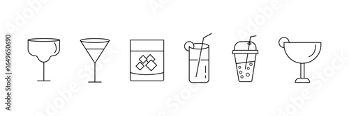 Drinking glass beverage cocktail juice soda bubble tea margarita martini whisky outline icon set vector illustration for graphic design.