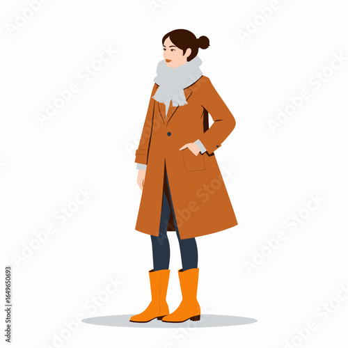 Illustration of a woman dressed warmly in a stylish brown coat, gray scarf, and orange boots, standing confidently against a plain white background.