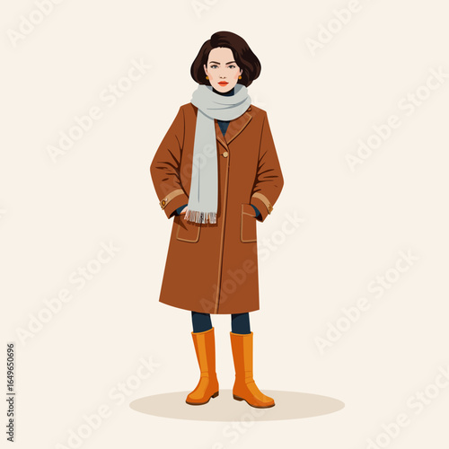 Stylish Winter Fashion Portrait of a Woman in Brown Overcoat, Scarf, and Boots on a Minimalist Studio Background