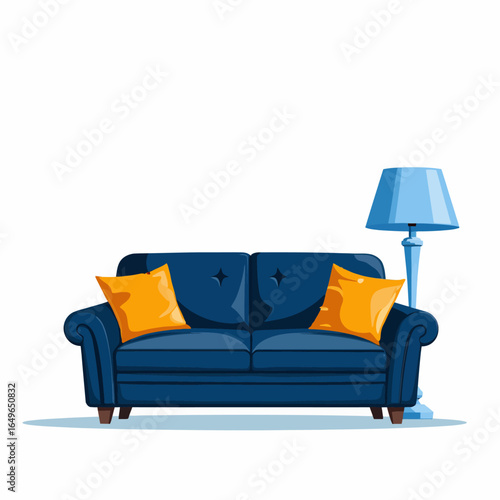 Elegant Blue Couch with Orange Cushions and Matching Floor Lamp in Minimalist Home Interior Setting