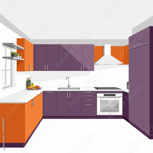 Modern Kitchen Design Featuring Bold Orange and Purple Cabinets with Sleek White Countertops and Built-In Appliances for a Stylish Culinary Space