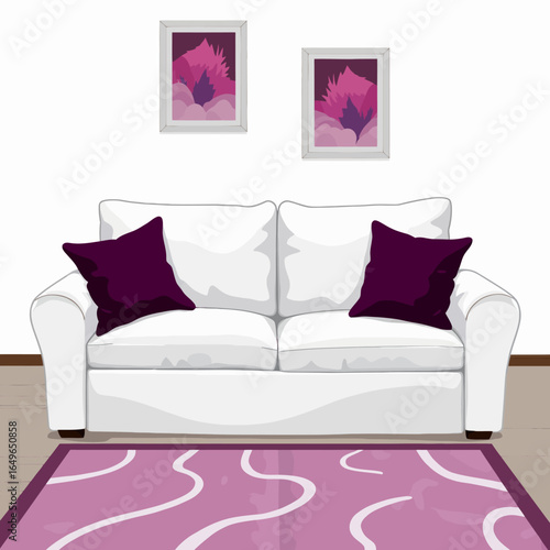 Stylish interior design featuring a comfortable white sofa with vibrant purple cushions and matching art pieces on a minimalistic wall above elegant patterned carpet decor