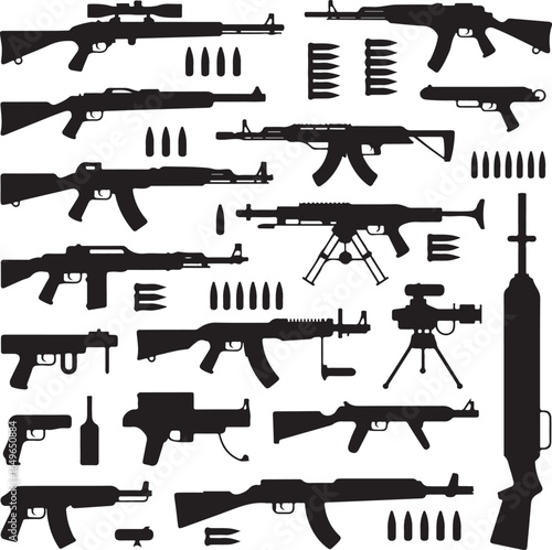 Assortment of firearms, bullets, and grenade launcher silhouettes on white rifle shotgun