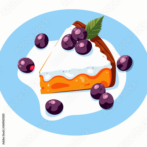 Illustration of a delicious cheesecake slice topped with fresh blueberries and cream on a simple plate, highlighting a visually appealing and tempting dessert