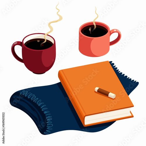 Cozy Scene with Two Steaming Coffee Cups and an Orange Book on a Dark Blue Blanket Illustrating a Relaxed Autumn Atmosphere