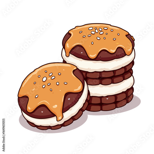 Illustration of Delicious Chocolate Cookies Stacked with Cream Filling and Caramel Drizzles on Top