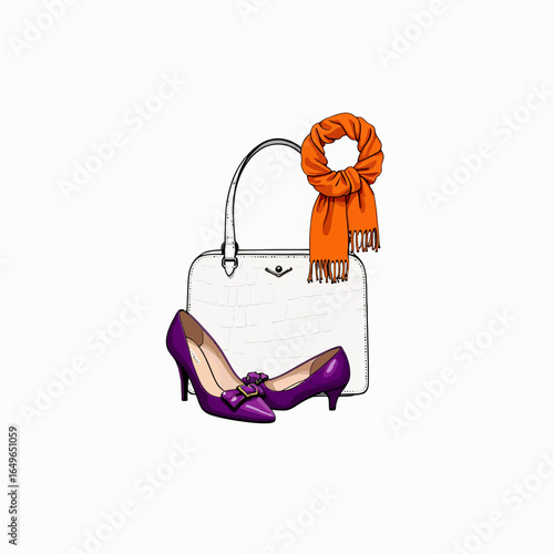 Stylish White Handbag with Orange Scarf and Elegant Purple Heels Showcasing Modern Fashion Accessories Ensemble