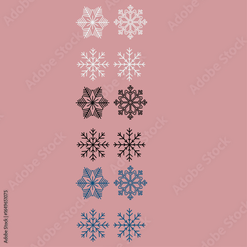 Vertical set of decorative snowflake icons in pink, black, and blue tones on pink background