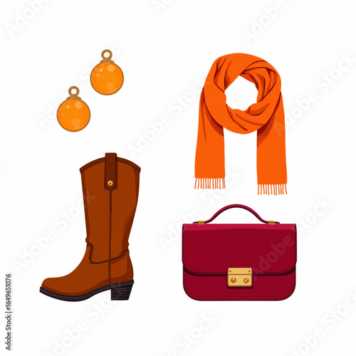 Stylish Autumn Accessories: Orange Scarf, Brown Boots, Red Handbag, and Earrings for Trendy Seasonal Fashion