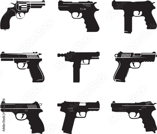 Silhouette set of nine different handguns and pistols on white background firearm weapon