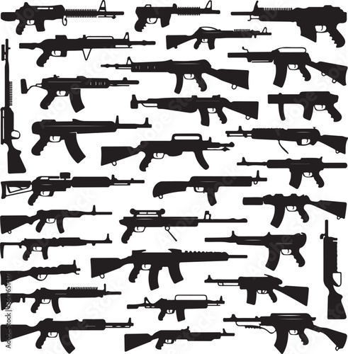 Silhouette collection of various rifles shotguns and military firearms weapon