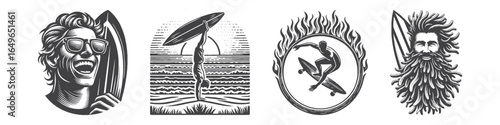 Vintage Hand-Drawn Surfer with Dreadlocks Illustration, Coastal Sport Engraved Vector for Surfing and T-Shirt Design