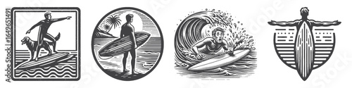 Vintage Hand-Drawn Surfer with Dog Illustration, Coastal Friendship Engraved Vector for Surfing and T-Shirt Design